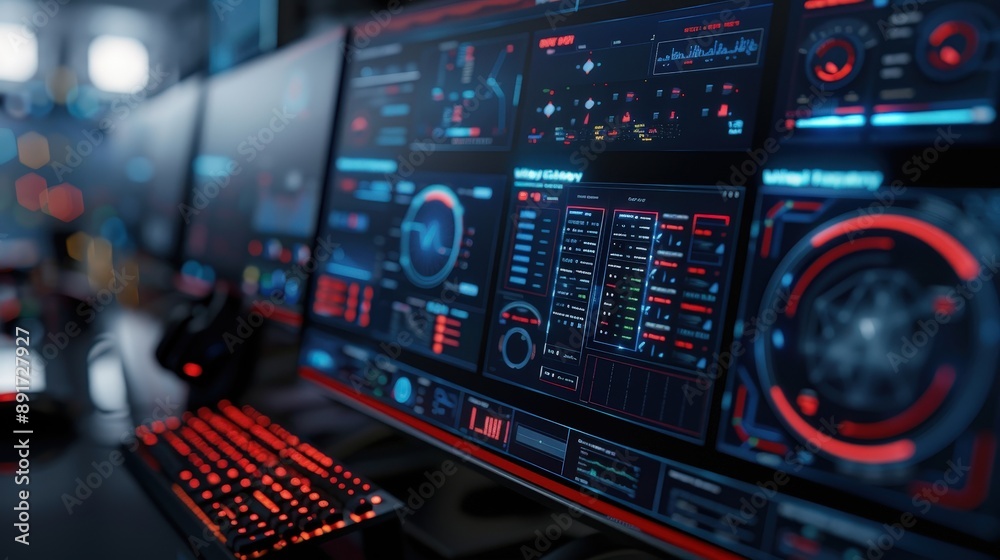 A computer screen displays various cybersecurity software dashboards with red and blue digital displays showing real-time network activity A computer screen displays various cybersecurity software dashboards with red and blue digital displays showing real-time network activity
