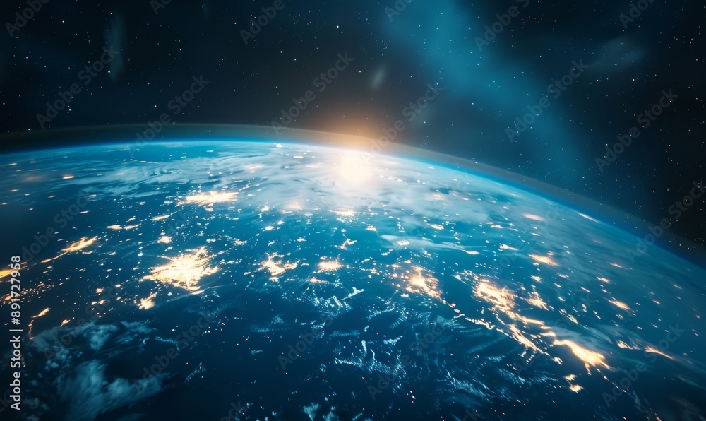 Fototapeta premium Breathtaking Earth View from Space: Illuminated Cities and Delicate Clouds Paint a Mesmerizing Global Landscape. Abstract Panorama Showcasing Urban Development, Interconnectedness, and the Fragile Bea