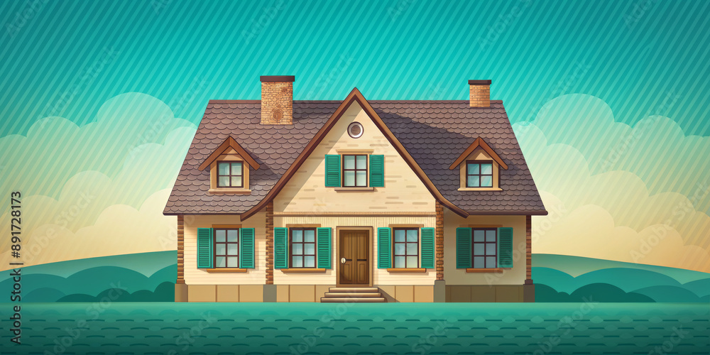 A charming house with two chimneys and green shutters stands against the backdrop of stylized hills and a cloudy sky. The scene has a calm and inviting atmosphere, generated by AI. A charming house with two chimneys and green shutters stands against the backdrop of stylized hills and a cloudy sky. The scene has a calm and inviting atmosphere, generated by AI.