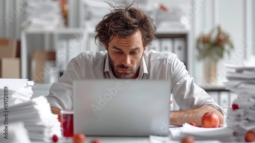 Stress and Fatigue: Man Asleep at Office Desk with Laptop