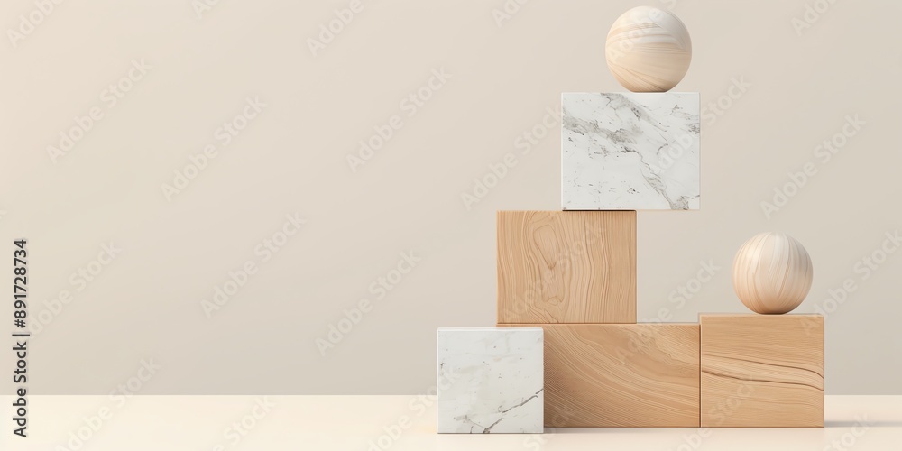 Modern arrangement of wooden and marble blocks with a minimalist aesthetic, perfect for interior design or creative projects. Modern arrangement of wooden and marble blocks with a minimalist aesthetic, perfect for interior design or creative projects.