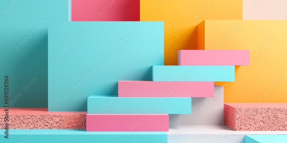 Vibrant geometric shapes and colorful stairs create a modern and playful aesthetic for design and artistic projects. Vibrant geometric shapes and colorful stairs create a modern and playful aesthetic for design and artistic projects.