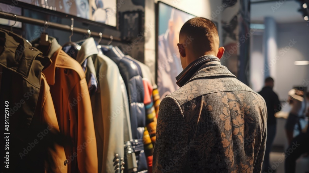 A designer showcases his new collection at a press event, with various clothing items hanging on a rack behind him A designer showcases his new collection at a press event, with various clothing items hanging on a rack behind him