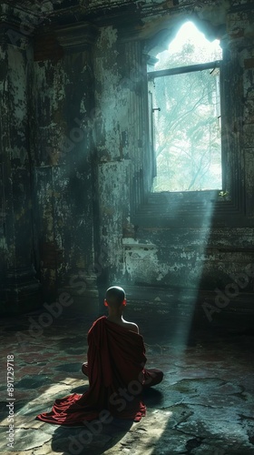Monk In Orange Robe In Deep Meditation in Abandoned Temple Ruins © Canities