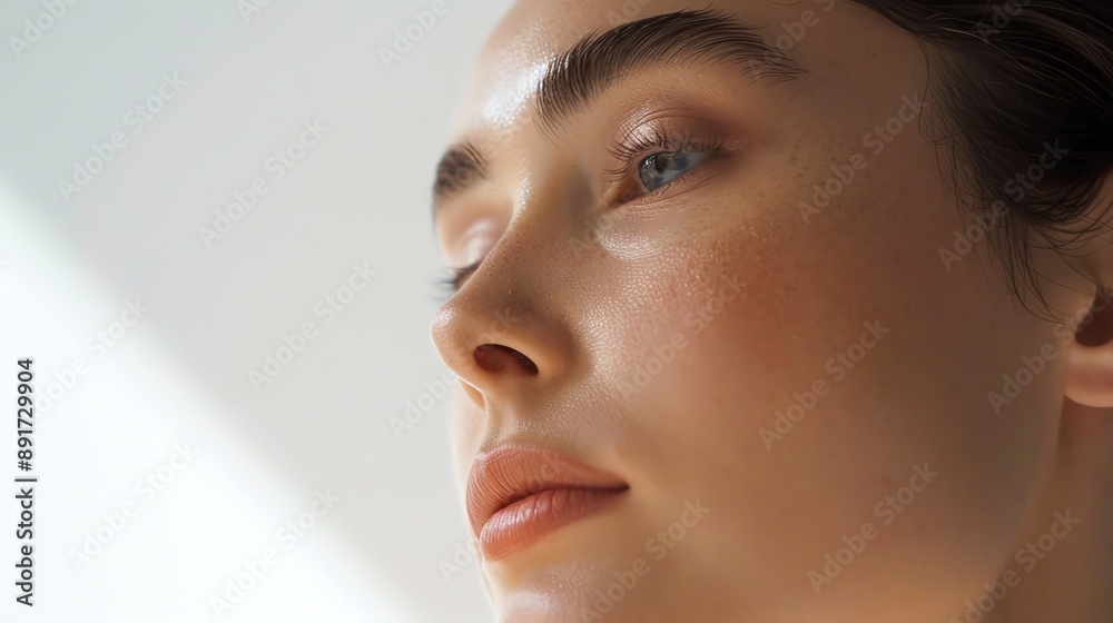 Close-up portrait of a woman with clear skin and natural makeup looking away, captured in soft natural light. Close-up portrait of a woman with clear skin and natural makeup looking away, captured in soft natural light.