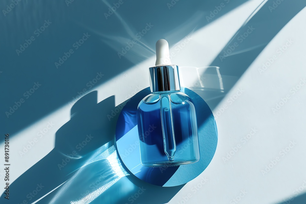 Elegant blue glass dropper bottle casting a shadow, perfect for skincare or cosmetic product advertising. Minimalistic and modern design. Elegant blue glass dropper bottle casting a shadow, perfect for skincare or cosmetic product advertising. Minimalistic and modern design.