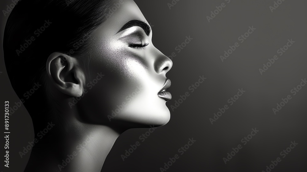 Elegant monochrome portrait of a woman with high-contrast lighting, emphasizing her serene profile against a dark background. Elegant monochrome portrait of a woman with high-contrast lighting, emphasizing her serene profile against a dark background.