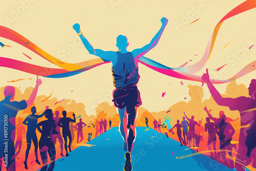 Runner crossing the finish line of a marathon with vibrant colors and cheering crowd