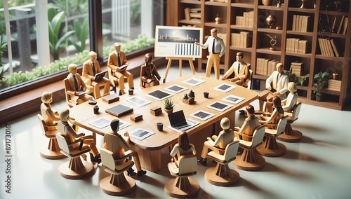 Grupo de muñecos de madera en una reunión ejecutiva, representa las juntas gerenciales y reuniones para toma de decisiones de una empresa, al fondo con gráfica