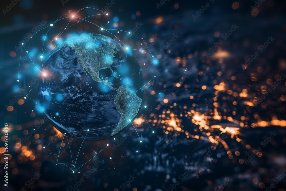 Earth with global network connections, representing connectivity and worldwide internet concept on a dark blue background Earth with global network connections, representing connectivity and worldwide internet concept on a dark blue background