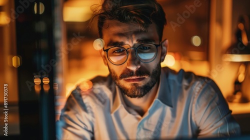 A focused young man wearing glasses and a white shirt works late into the night in his office, illuminated by warm overhead lights © Darya