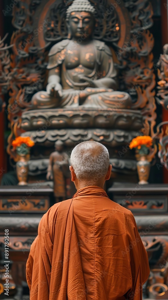 Captivating Of A Buddhist Monk In An Orange Robe Meditating in front of Buddha Statue in Temple