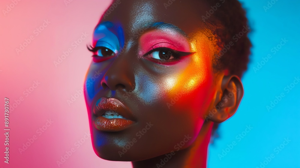 Vibrant portrait of a model with neon lighting, showcasing colorful makeup and a captivating gaze against a gradient background.