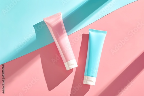 Two cosmetic tubes in pink and blue on a pastel background, perfect for beauty and skincare product marketing.