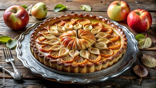 Homemade apple pie with a golden lattice crust on top, apple slices visible through the lattice. The cake is located on a wooden board, next to a tea cup and flowers. Sweets. Prescription