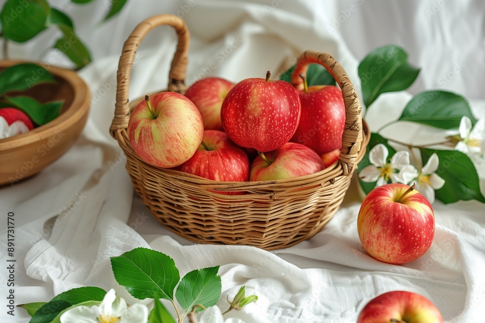 Macro Photo of Apples in Wicker Basket with Green Leaves and Flowers. Natural Light on White Tablecloth Macro Photo of Apples in Wicker Basket with Green Leaves and Flowers. Natural Light on White Tablecloth