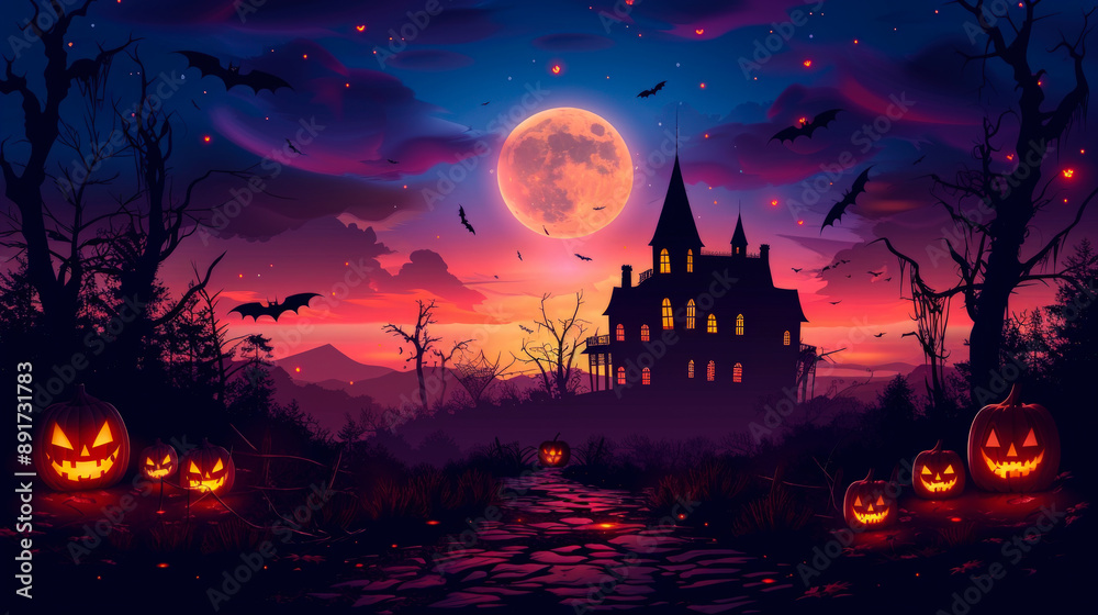 Haunting Halloween Night With Glowing Pumpkins and Spooky House Haunting Halloween Night With Glowing Pumpkins and Spooky House