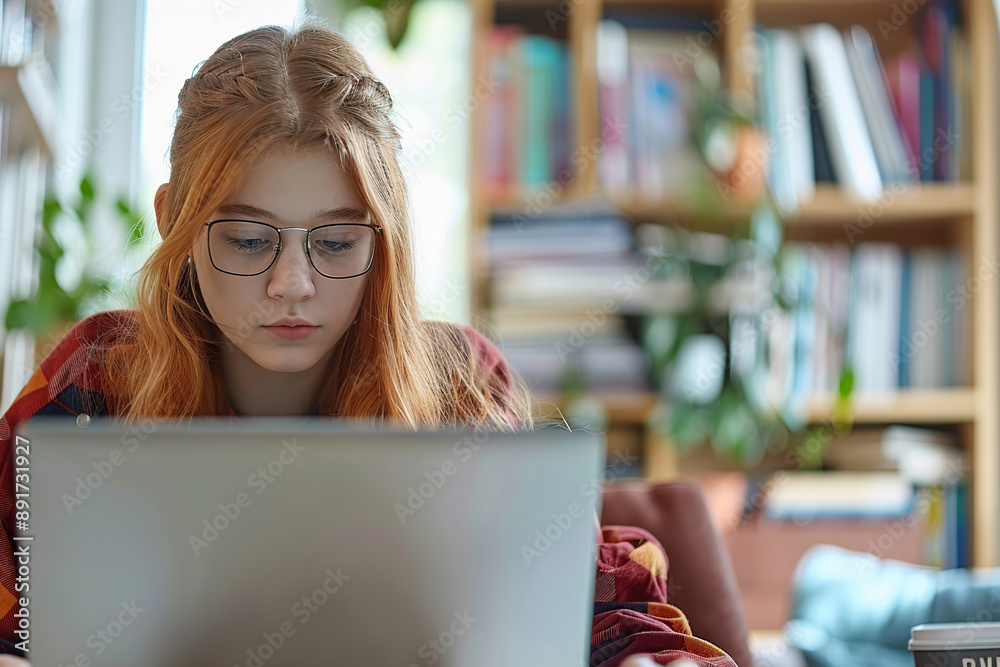 Beautiful girl using laptop for studying online at home and doing homework Beautiful girl using laptop for studying online at home and doing homework