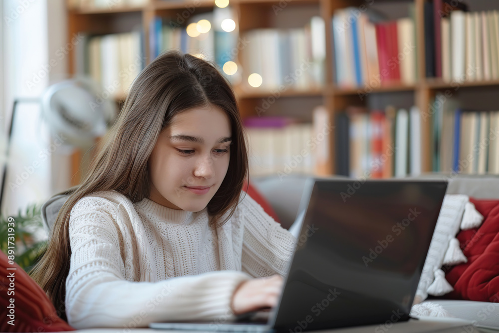 Beautiful girl using laptop for studying online at home and doing homework Beautiful girl using laptop for studying online at home and doing homework