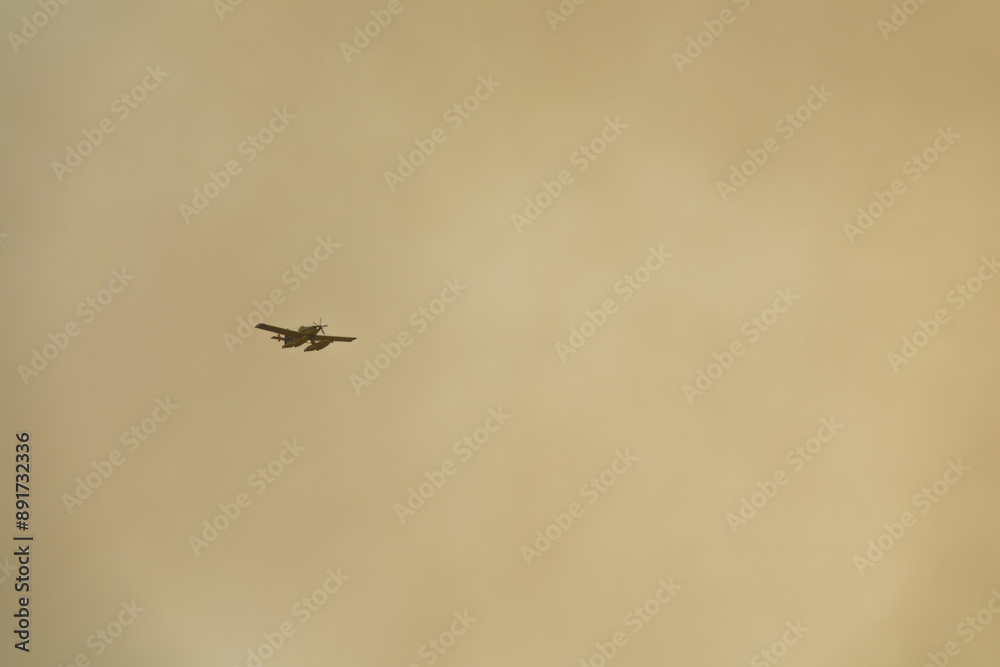 Firefighting plane flying into a large smoke cloud caused by a forest fire Firefighting plane flying into a large smoke cloud caused by a forest fire