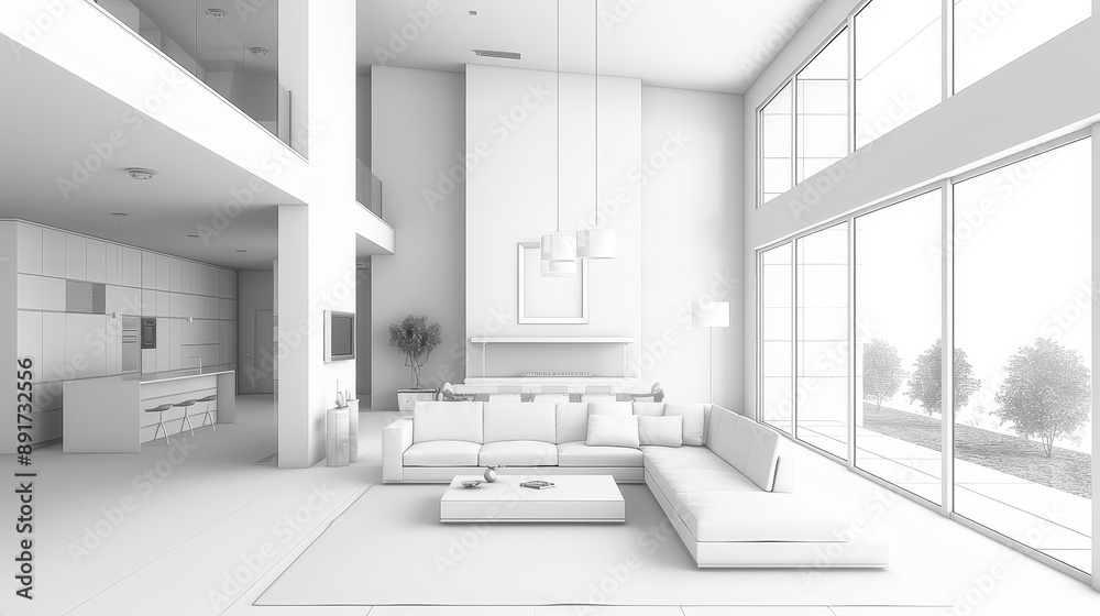 Fototapeta premium Modern Monochrome Architectural Sketch of Minimalist Home Floor Plan