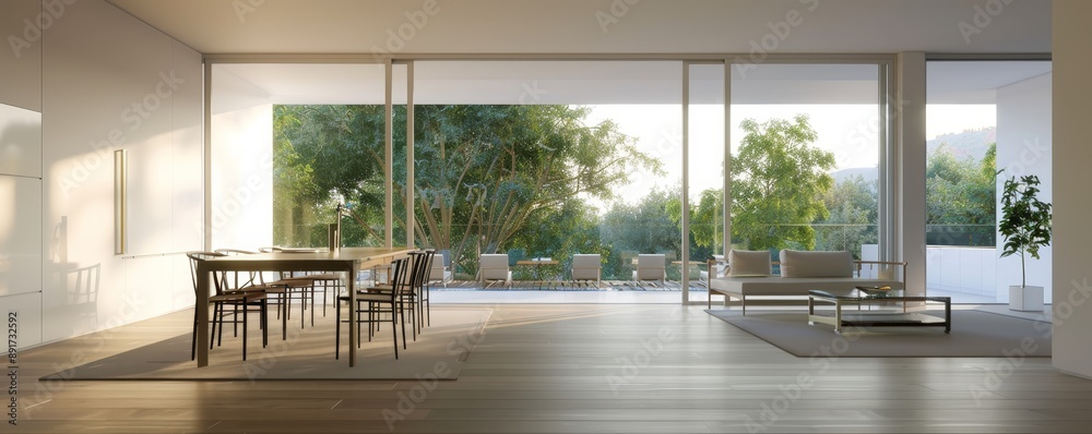 Sleek Minimalist Dining Area with Large Windows - Modern Interior Design 3D Render Sleek Minimalist Dining Area with Large Windows - Modern Interior Design 3D Render