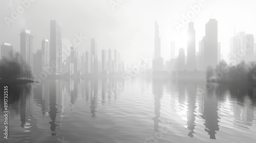 Misty Cityscape with Reflections on the Water