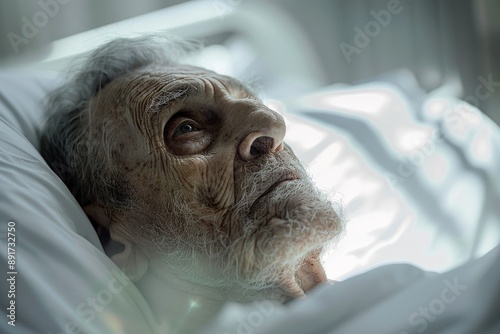 An elderly person lies in a hospital bed, giving a somber and reflective mood with the quiet surroundings emphasizing their state of rest and isolation..
