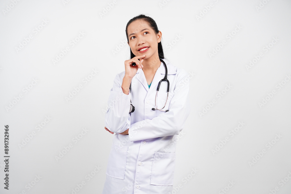 Female doctor presenting something isolated background Female doctor presenting something isolated background