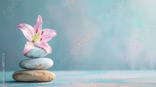 Pink Lily Flower on a Stack of Stones