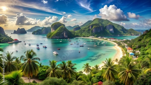 Beautiful tropical beach with white sand, palm trees, turquoise ocean against blue sky with clouds on sunny summer day. Perfect landscape background for relaxing vacation. High quality photo