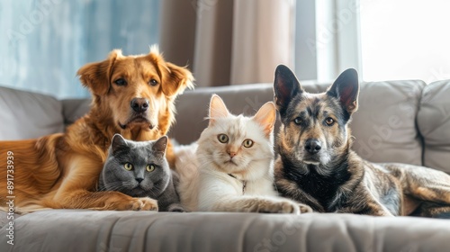 A group of four pets, two dogs and two cats, are laying on a couch