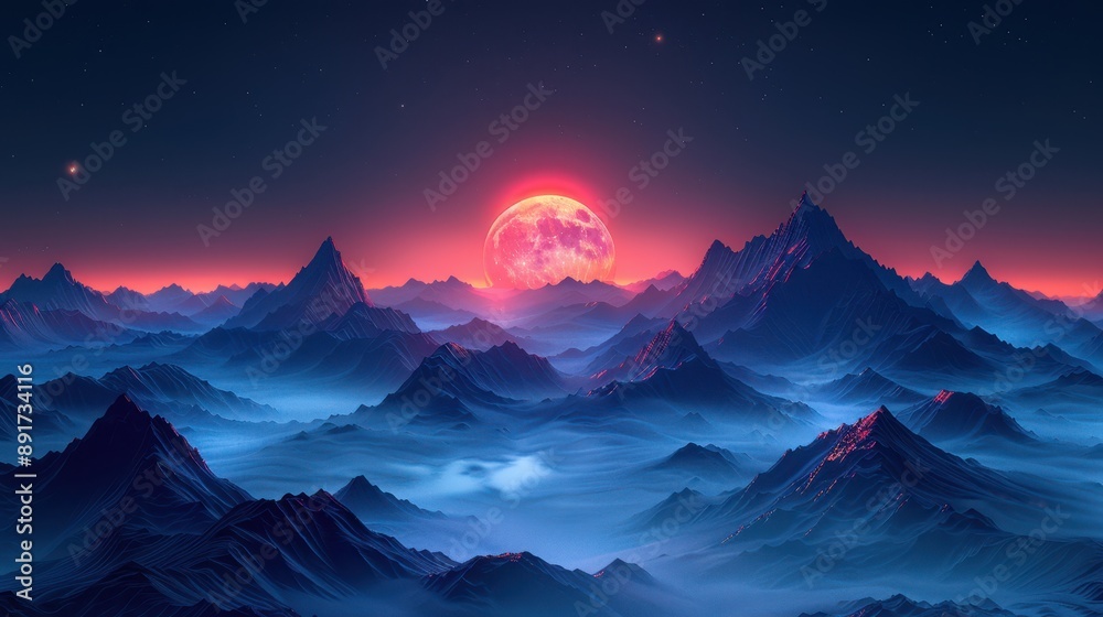Mountain Range Landscape with Red Moon Illustration Mountain Range Landscape with Red Moon Illustration