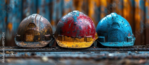 Three Rusty Hard Hats Lined Up photo