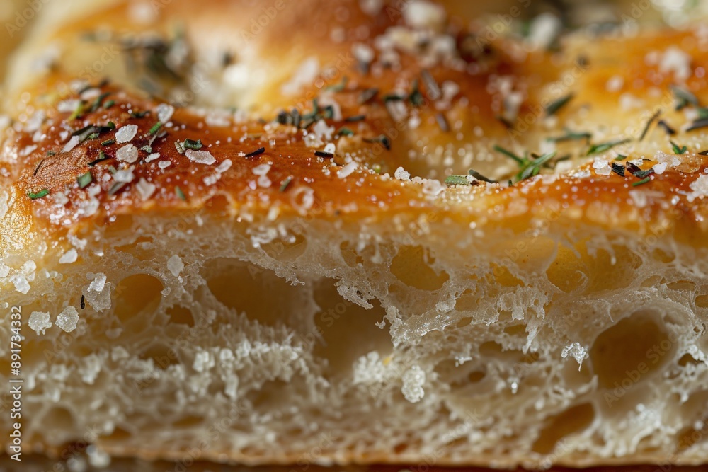A macro shot showcasing the airy texture of a freshly baked focaccia bread topped with salt and aromatic herbs, emphasizing its golden crust and inviting appearance. A macro shot showcasing the airy texture of a freshly baked focaccia bread topped with salt and aromatic herbs, emphasizing its golden crust and inviting appearance.