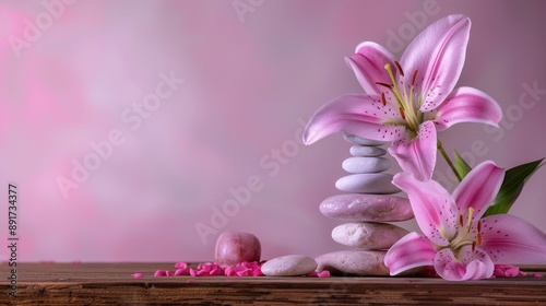 Pink Lilies and Stacked Stones on a Wooden Tabletop