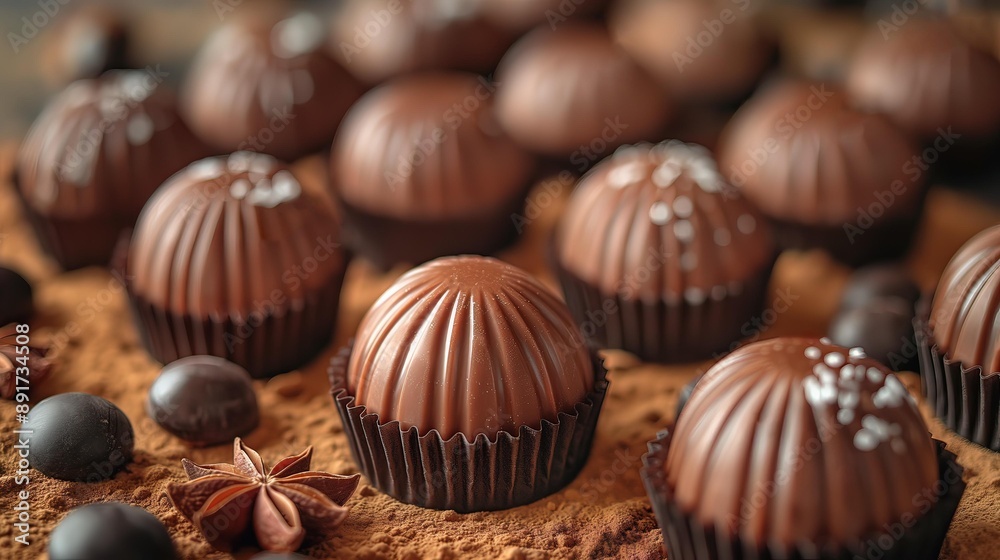Horizontal AI illustration assorted gourmet chocolate truffles with unique patterns . Food concept.