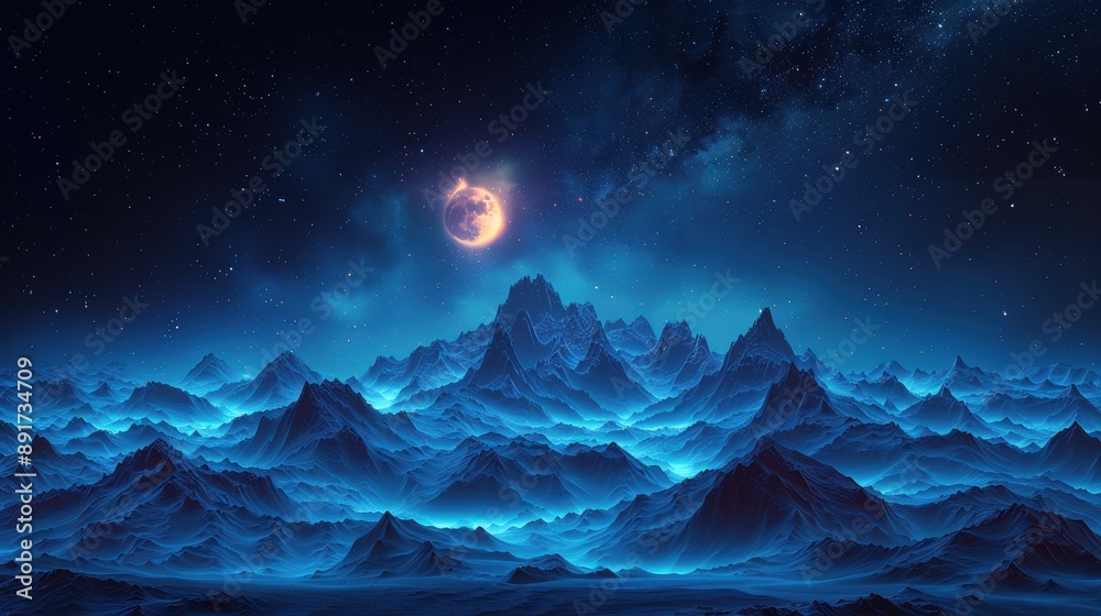Blue Mountain Range Under a Starry Night Sky - 3D Illustration Blue Mountain Range Under a Starry Night Sky - 3D Illustration