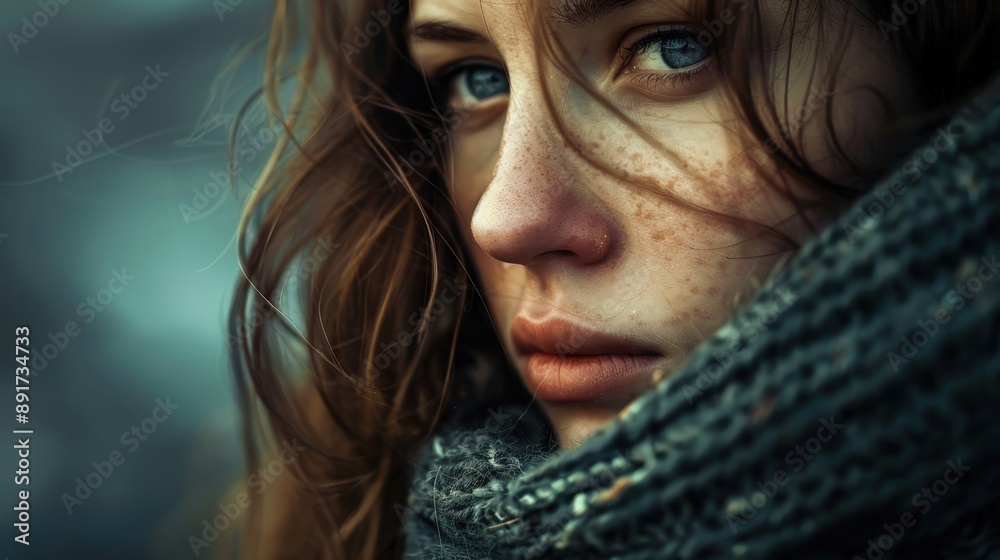 A young woman with blue eyes and freckles looks directly at the camera, her face partially obscured by a gray scarf A young woman with blue eyes and freckles looks directly at the camera, her face partially obscured by a gray scarf