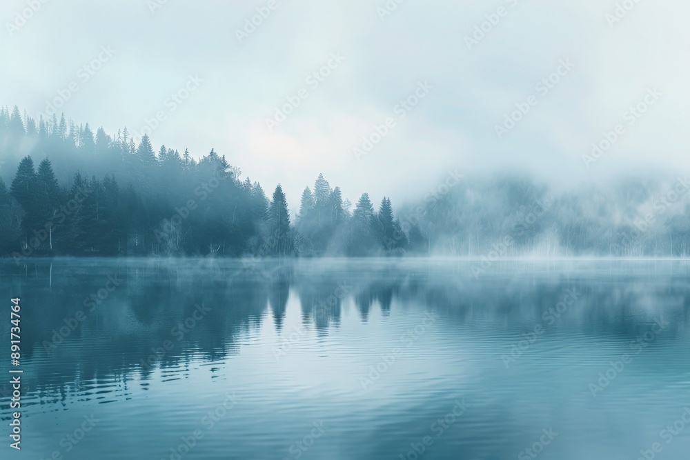 A mesmerizing scene of a mist-covered lake reflecting a dense forest beneath a cloudy sky, capturing a mood of tranquility and natural beauty in calm misty atmosphere. A mesmerizing scene of a mist-covered lake reflecting a dense forest beneath a cloudy sky, capturing a mood of tranquility and natural beauty in calm misty atmosphere.