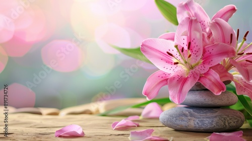 Pink Lily on Stones with Bokeh Background