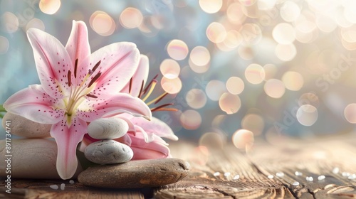 Pink Lily with Stones on Wooden Background