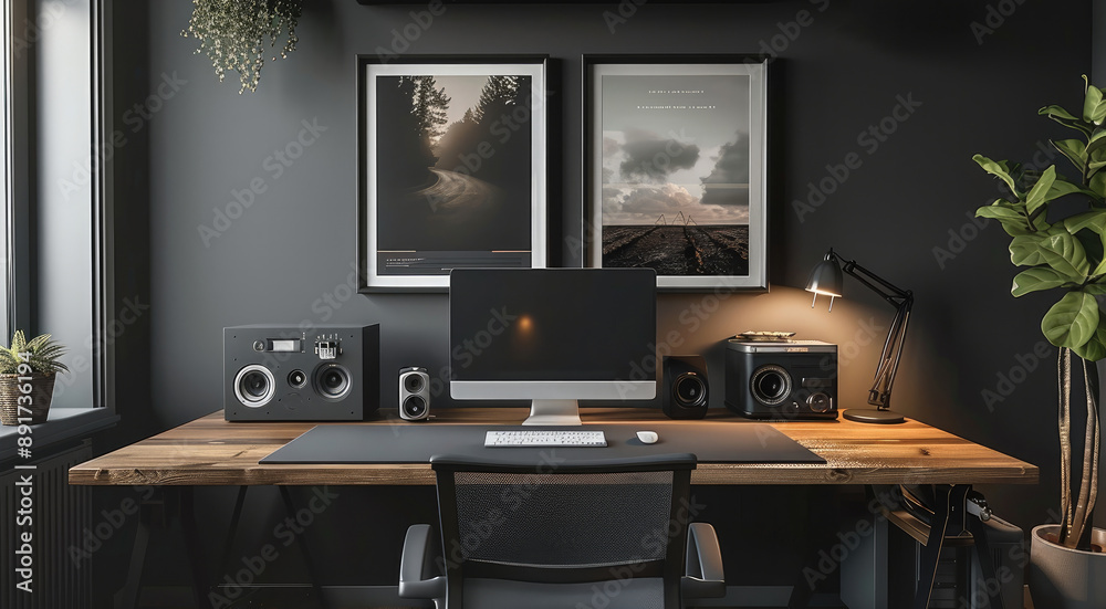 An interior design for a home office with a minimalistic modern desk, two empty frames with no posters in it on the wall, a wood grain table top, high end computer equipment on it. Generative AI.