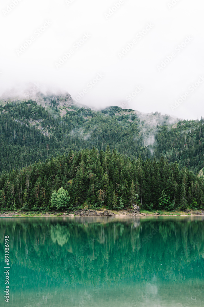 Alpine Lake Landscape with emerald green and crystal clear blue water at Black Lake, Durmitor, Montenegro - The Balkans - similar to Lago di Braies and Eibsee in Bavaria