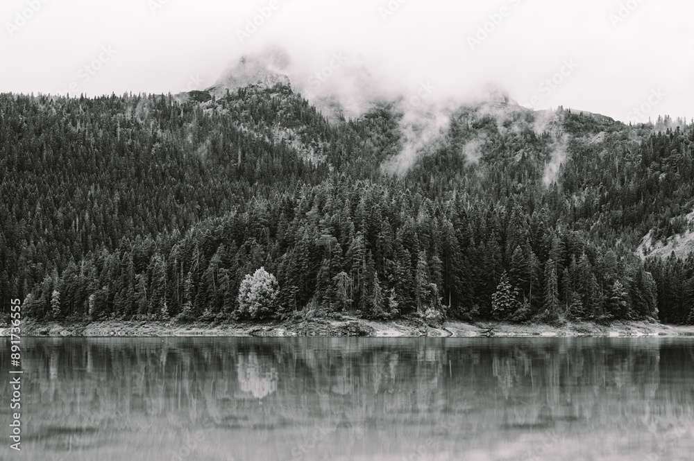 Alpine Lake Landscape Black and White Version at Black Lake, Durmitor ...