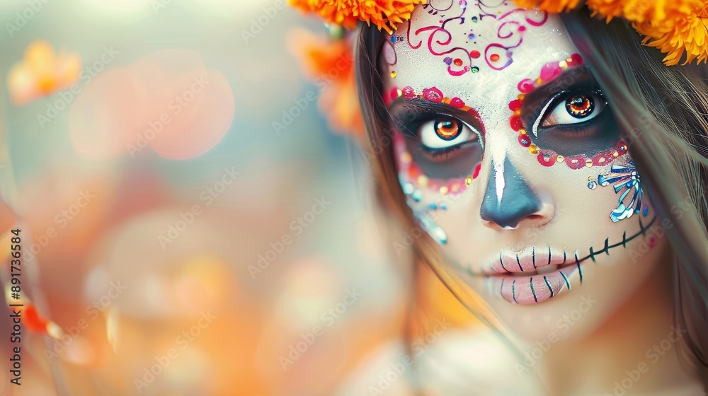 Fantasy and Culture with a Woman in Traditional Catrina Costume for Día de Muertos Celebration Fantasy and Culture with a Woman in Traditional Catrina Costume for Día de Muertos Celebration
