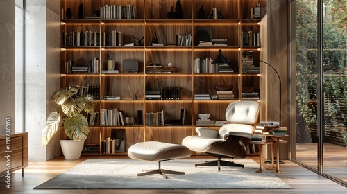 A modern reading room with wooden shelves, a recliner, and a large floor lamp. Generative AI. photo