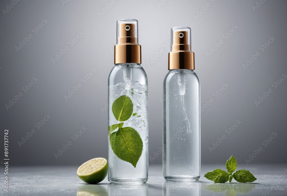 A bottle of face mist with a refreshing spritz in the air. A bottle of face mist with a refreshing spritz in the air.