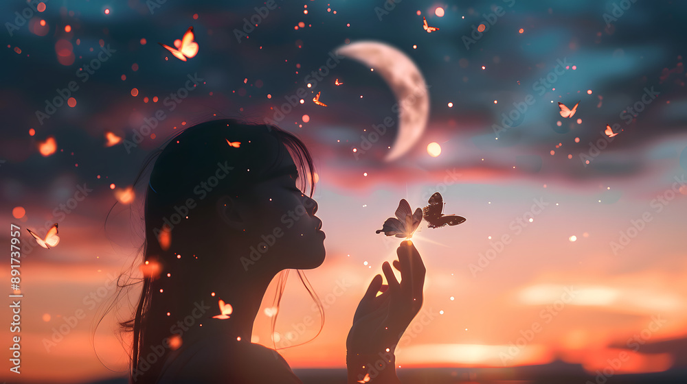 Silhouette of Girl with Glowing Butterflies Under a Crescent Moon Silhouette of Girl with Glowing Butterflies Under a Crescent Moon