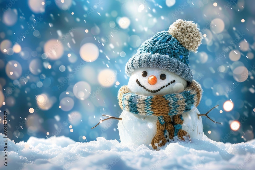 Obraz premium Cute Snowman in Hat and Knitted Scarf - Winter Background